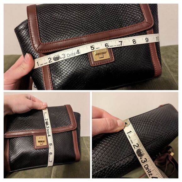 Isaac Mizrahi Black Brown Genuine Textured Snakeskin Embossed Leather Crossbody - Picture 7 of 11